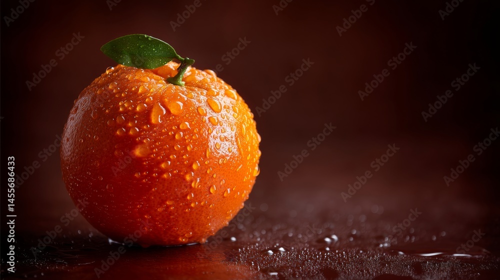 Poster this macro shot captures a juicy orange adorned with water droplets, illuminated by warm sunlight to