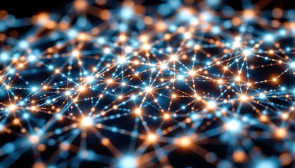 a stock photo of an intricate web of glowing connections resembling a neural network, emerging against a dark background