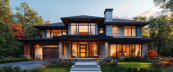 Craftsman-style home bathed in golden light. Perfect for real estate ads, lifestyle articles. Honey cedar shingles, autumn foliage. Suburban luxury, Canada.