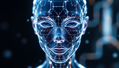 a 3d rendered human face composed entirely of luminous lines, glowing with soft whites and blues
