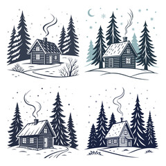 Fototapeta premium Cozy Wooden Cabin in Snowy Pine Forest with Smoke from Chimney and Winter Scenery in Hand Drawn Style