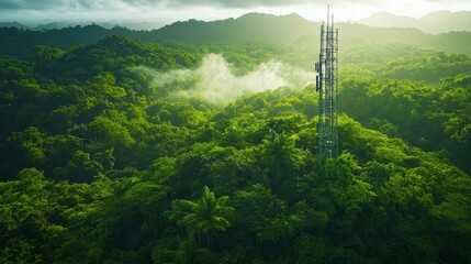 Obraz premium Tower Stands Tall Amidst Lush Green Landscape at Sunset in a Remote Mountainous Area