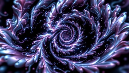 a digital fractal on a black background, featuring swirling, symmetrical patterns that radiate outward