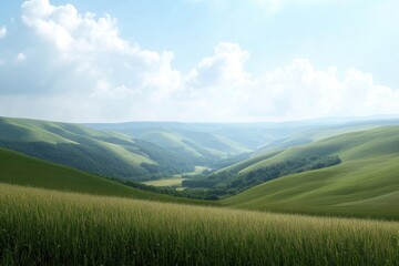 Rolling Hills and Meadow Landscape on a Sunny Day with Blue Sky and Fluffy Clouds
