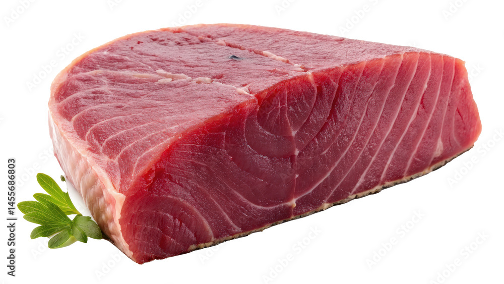 Poster fresh tuna steak with deep red flesh and clean edges is displayed, showcasing its quality and textur