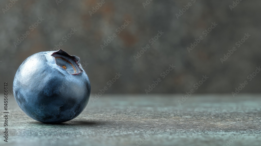 Aufkleber A single ripe blueberry with a shiny surface sits on a softly lit neutral background, providing ample copy space on the left side of the composition