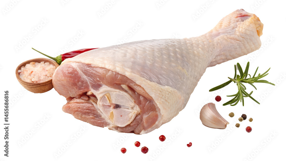 Poster raw turkey leg is displayed with spices including garlic, rosemary, and peppercorns, creating fresh 
