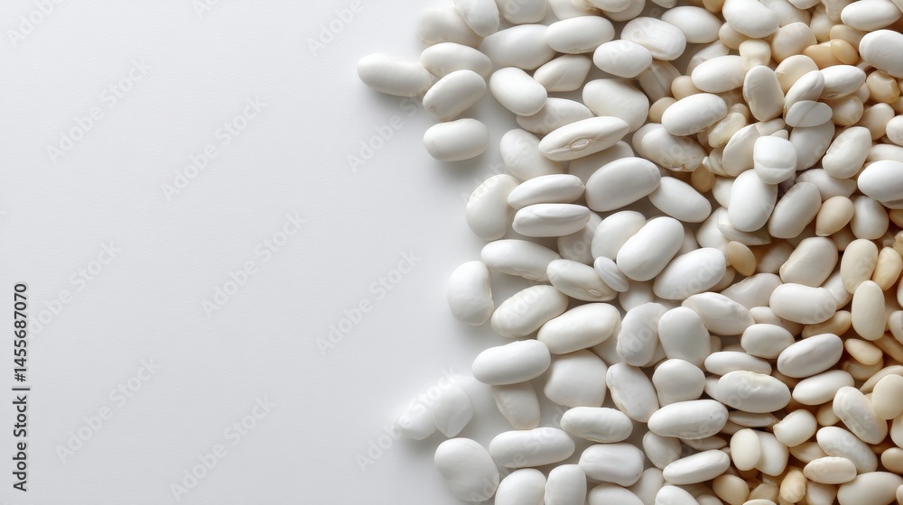 Poster smooth white beans are artistically arranged on a bright surface, forming a textured pattern under s