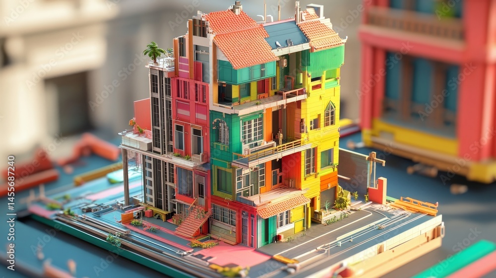 Poster detailed 3d architectural model showcasing a modern building design in a digital environment with vi