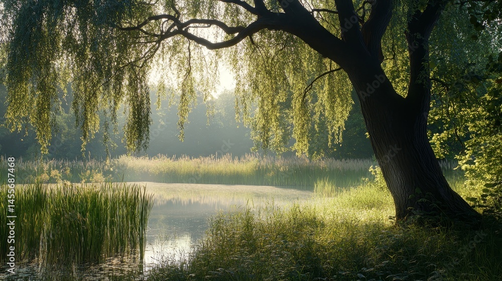 Poster tranquil riverside view with a weeping willow tree and lush greenery in a serene natural setting dur
