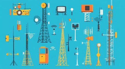 Obraz premium Illustration Showcasing Various Telecommunications and Energy Infrastructure Elements With a Modern Design in a Digital Landscape