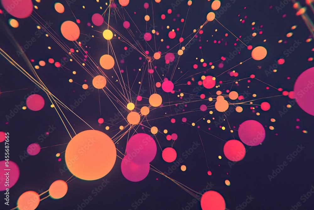 Poster abstract network of glowing circles in vibrant colors. complex interconnected nodes with luminous li