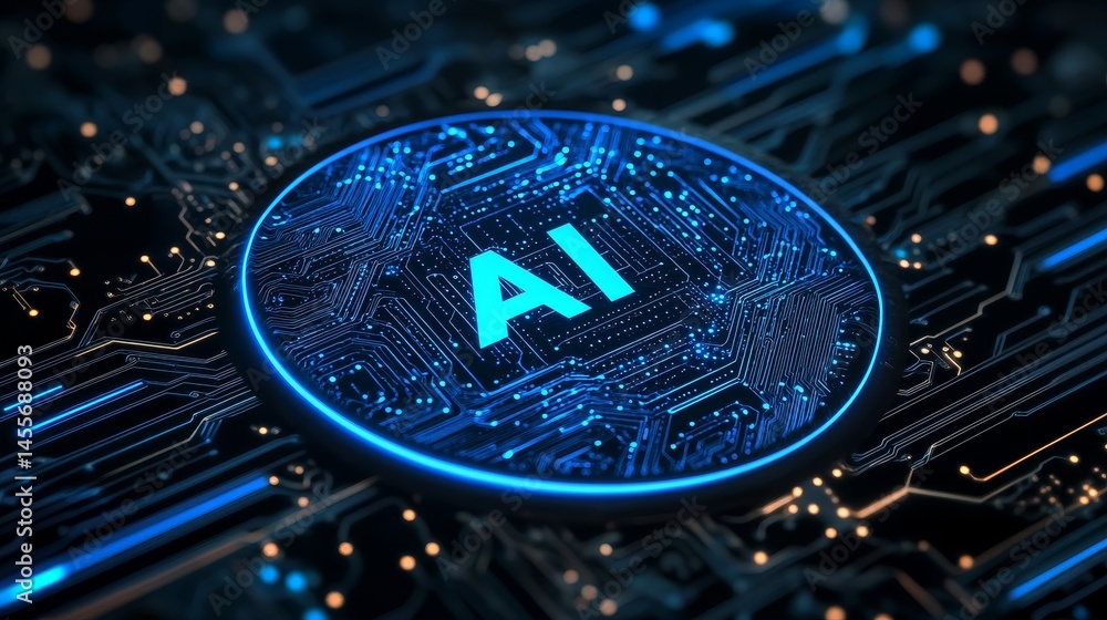 Aufkleber Digital Circuit Board Featuring Illuminated AI Symbol Representing Advancements in Artificial Intelligence Technology in Modern Computing