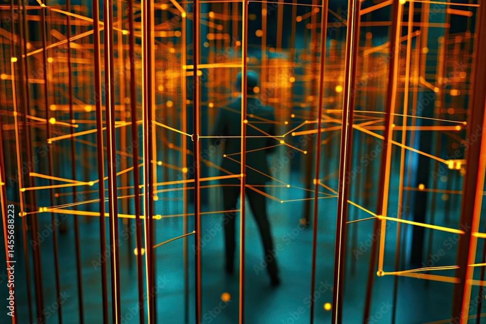 Poster abstract digital network, a person standing in a network of interconnected lines and glowing points.
