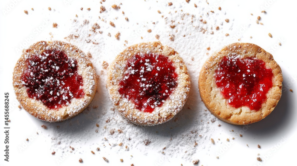 Poster three delicious cookies with berry jam centers and a light sugar dusting rest on a pristine white ba