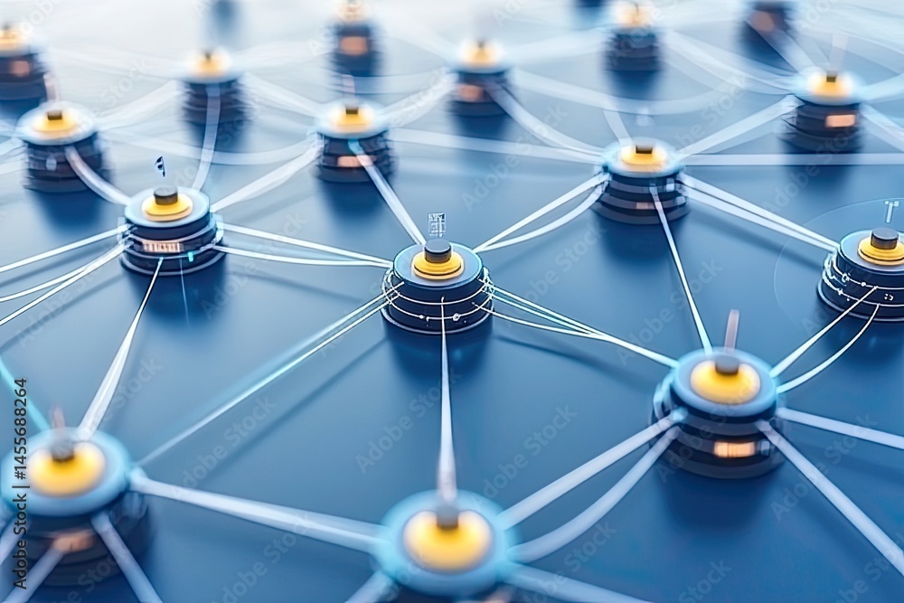 Poster network of interconnected nodes. detailed 3d illustration shows numerous interconnected circular obj