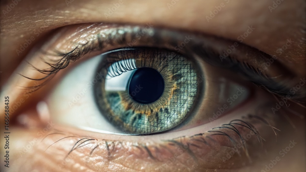 Poster a close-up of a human eye, showcasing a unique iris pattern with intricate details and a vivid color