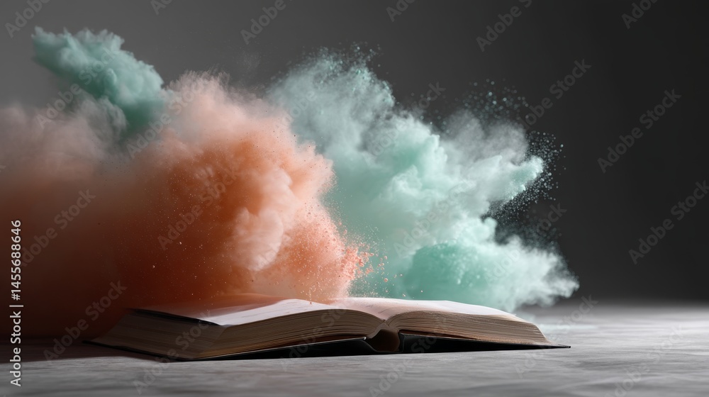 Aufkleber An open book sits on a smooth ash gray surface as vibrant teal and coral powder erupts from its center, creating a striking visual contrast with the backdrop