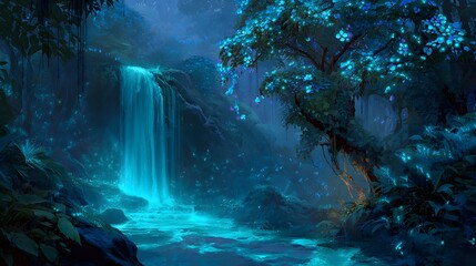 A Realm of Enchanted Nature Where Mystical Waterfalls Cascade Into Shimmering Pools Bathed in Ethereal Moonlight Transforming the Landscape Into a Dreamlike Fantasy
