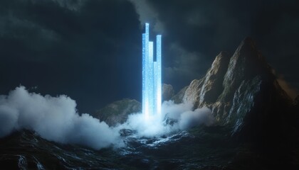 Flame-infused data particles erupting from miningkwan's histogram digital realm nighttime surreal environment