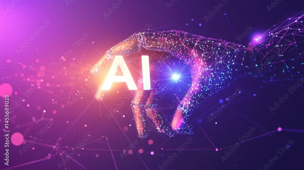 Poster digital hand reaching for holographic text representing artificial intelligence in a vibrant futuris