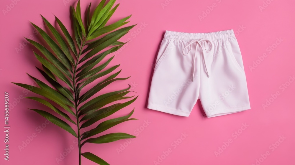 Poster aesthetic display of swim shorts with string ties, centered on smooth pink background