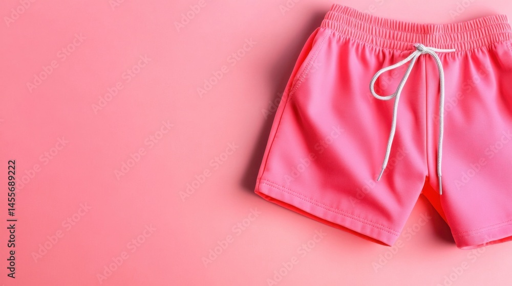 Poster aesthetic display of swim shorts with string ties, centered on smooth pink background