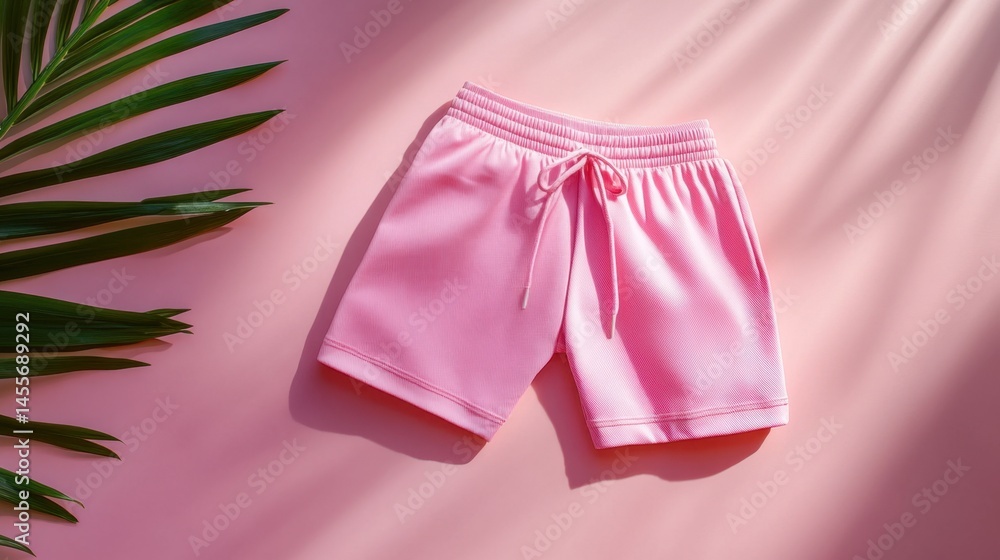 Poster aesthetic display of swim shorts with string ties, centered on smooth pink background