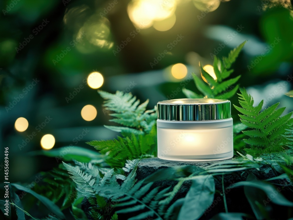 Aufkleber natural beauty product in a forest setting with ferns and soft bokeh lights creating a serene atmosp