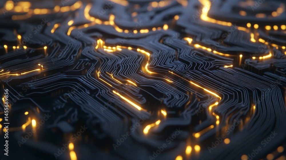 Poster digital brain sculpture illuminated with glowing circuitry against a black background showcasing adv