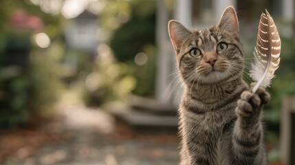 Obraz premium Cat proudly displays a feather, embodying wild instincts in domestic grace. 