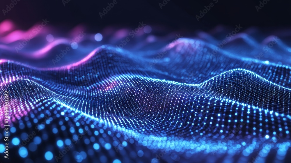 Poster digital wave of blue light particles flows through an abstract grid space showcasing technology and 