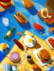 Floating Food Items Above a Colorful Picnic Blanket Under a Bright Sky in a Cheerful Outdoor Setting Generative AI