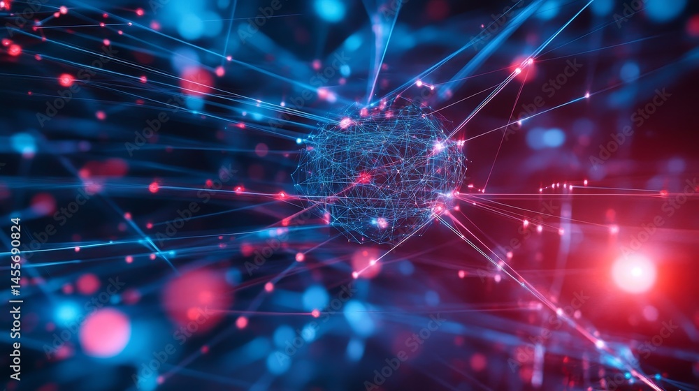 Poster complex network of interconnected nodes glowing in blue and orange hues creating a vibrant digital l