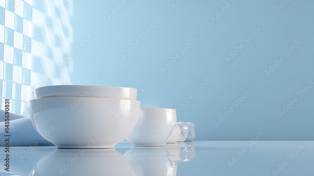 Aufkleber checkerboard patterns in pale blue and white showcase modern bowls and cup arranged on a glossy surf