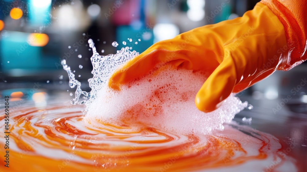 Poster bright spiral patterns of soap as orange glove clears window with precision