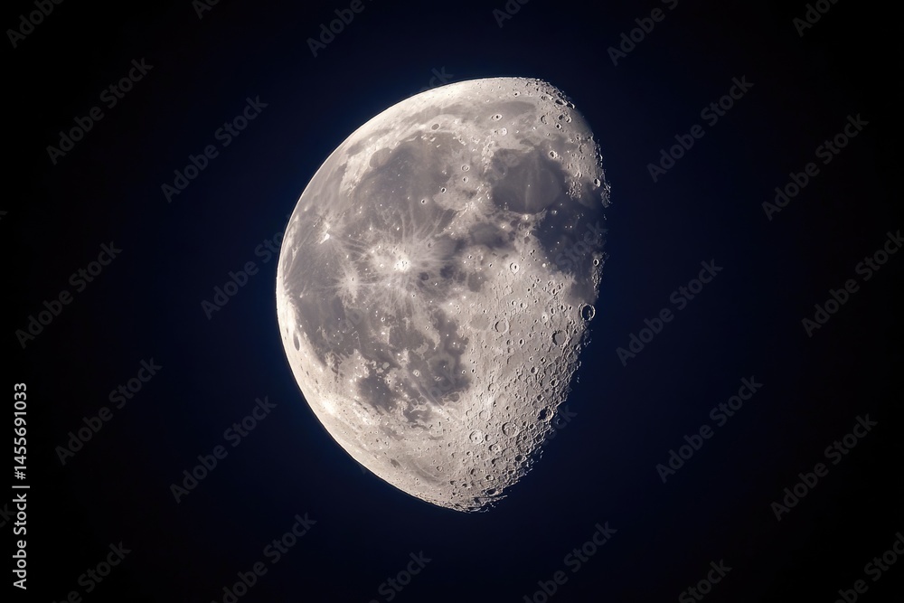 Wall mural detailed view of a gibbous moon, showing craters and texture. a portion of the moon is brightly illu