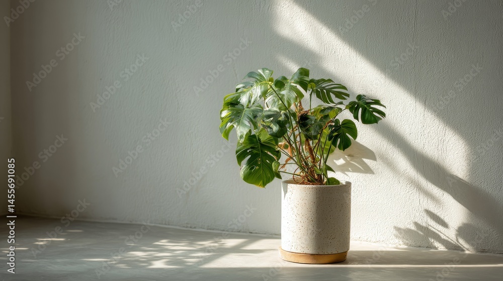 Poster a beautiful monstera plant in a textured clay pot stands against a simple wall, with dappled sunligh