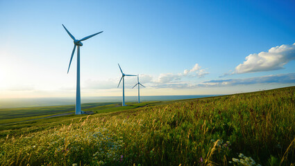 A scenic, eco-focused image of renewable energy infrastructure blending harmoniously with nature, showcasing the balance between technology and environmental beauty.

