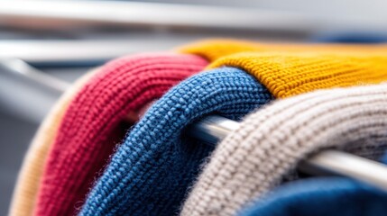 Calm color palette of sweaters arranged on a clothing rail in close-up view