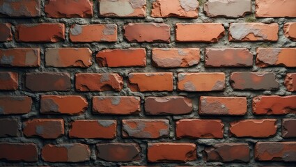 Aged brick wall texture, red and brown bricks with mortar, slightly cracked and weathered, historical urban look, photorealistic, high-resolution, straight-on view, seamless background