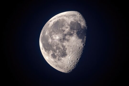 Detailed view of a gibbous moon, showing craters and texture.  A portion of the moon is brightly illuminated while the rest remains in shadow