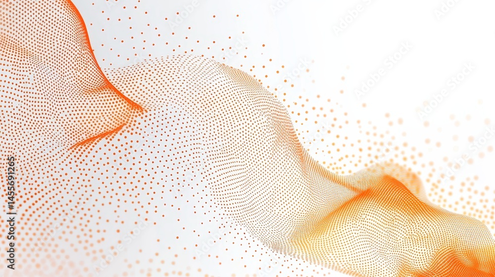 Poster abstract pattern featuring flowing lines and floating dots in vibrant orange on a white background, 