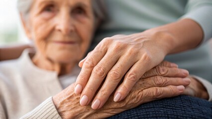A gentle moment between a caregiver and an elderly woman, showcasing tenderness and connection through their hands.