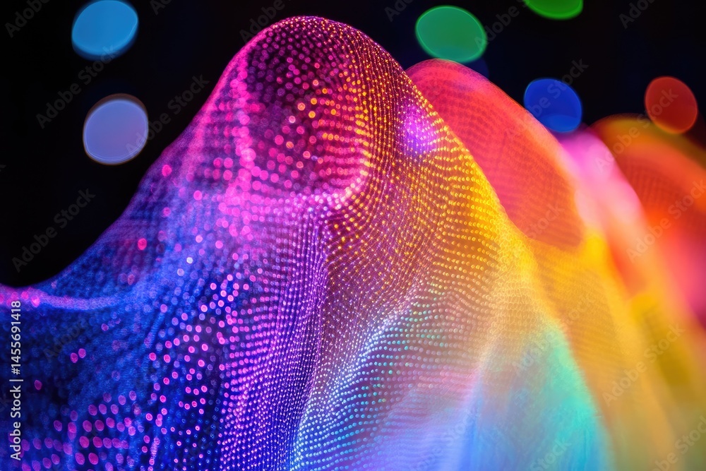 Poster abstract rainbow wave of luminous points. a dynamic, flowing pattern of colorful dots creating a wav