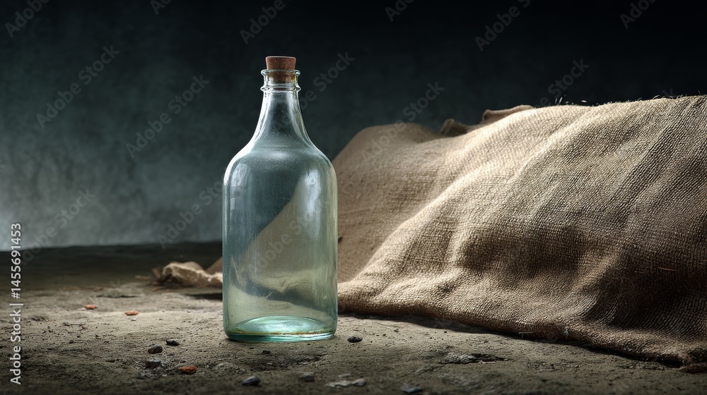Poster frosted glass bottle rests on a rustic burlap surface with soft lighting enhancing the neutral tones