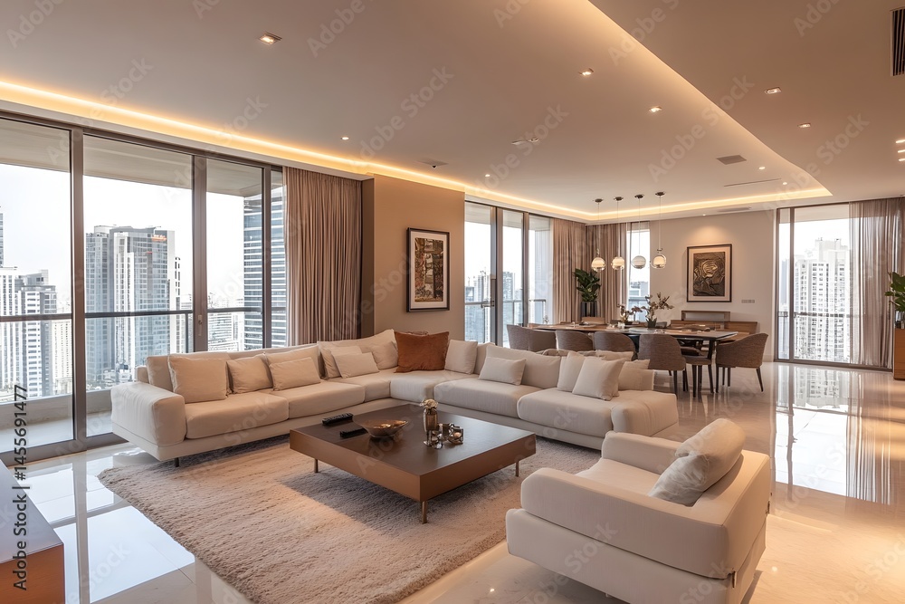Poster a serene interior design embracing elegance and modernity with an emphasis on harmonious spaces and 