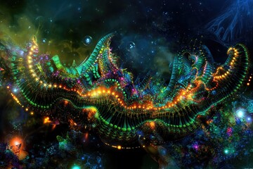 Abstract fractal artwork, vibrant colors, cosmic structures, intricate patterns, glowing lights