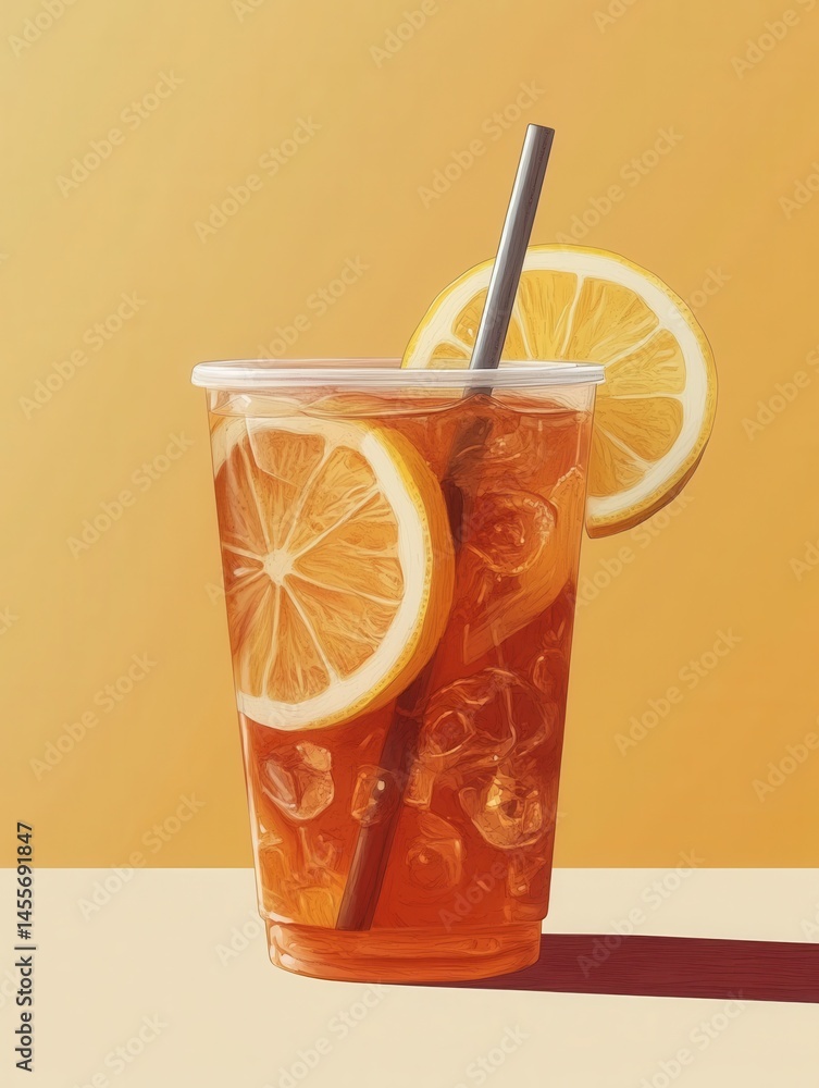 Aufkleber refreshing iced tea with lemon slices and straw on a bright summer day in a studio setting
