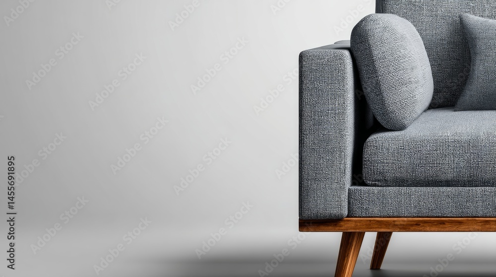 Poster This design showcases a sleek charcoal gray sofa with walnut legs on a minimalist white background, leaving room for text or extra elements
